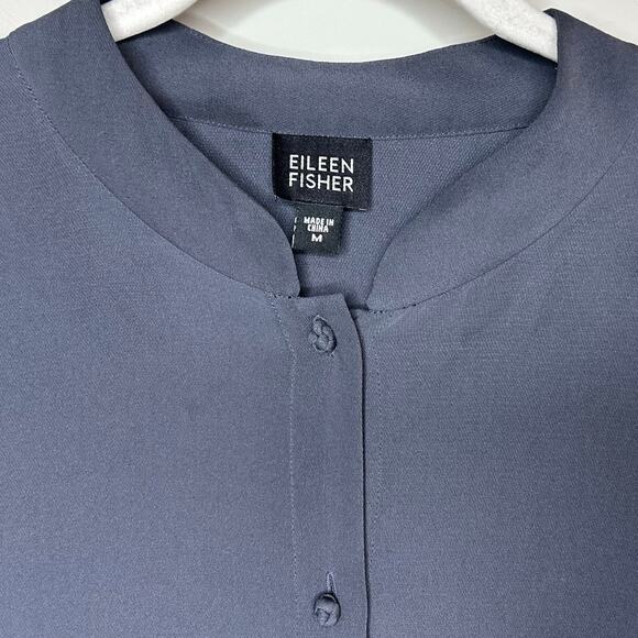 Eileen Fisher 100% Silk Gray Tunic Shirt Size M Mandarin Collar Knot Buttons - Picture 4 of 10